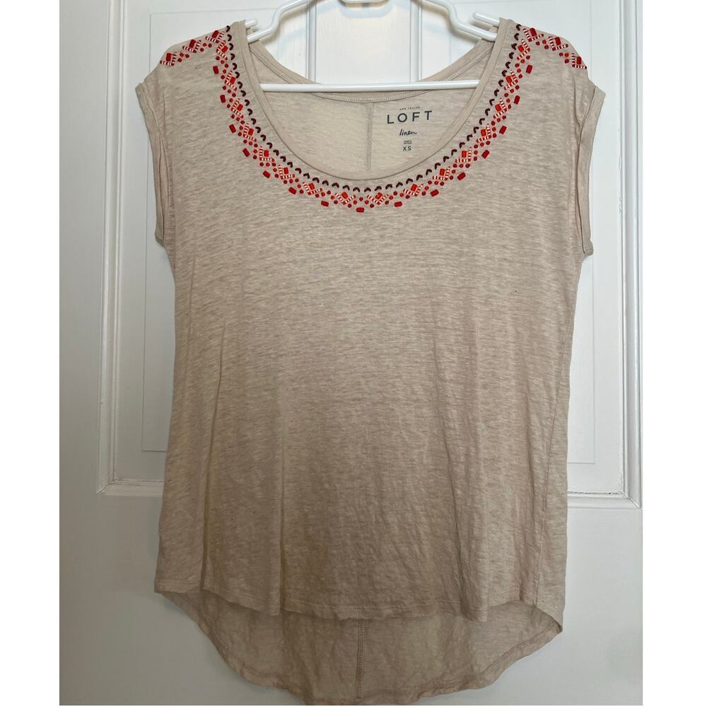 Loft Linen Ecru T Shirt Beige Embroidered Yoke Detail Red Wide Neck Women's XS